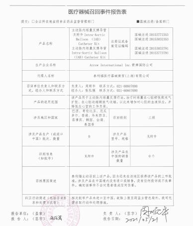箭牌國際公司Arrow International, Inc.對主動脈內(nèi)球囊反搏導(dǎo)管及附件、主動脈內(nèi)球囊反搏導(dǎo)管?主動召回